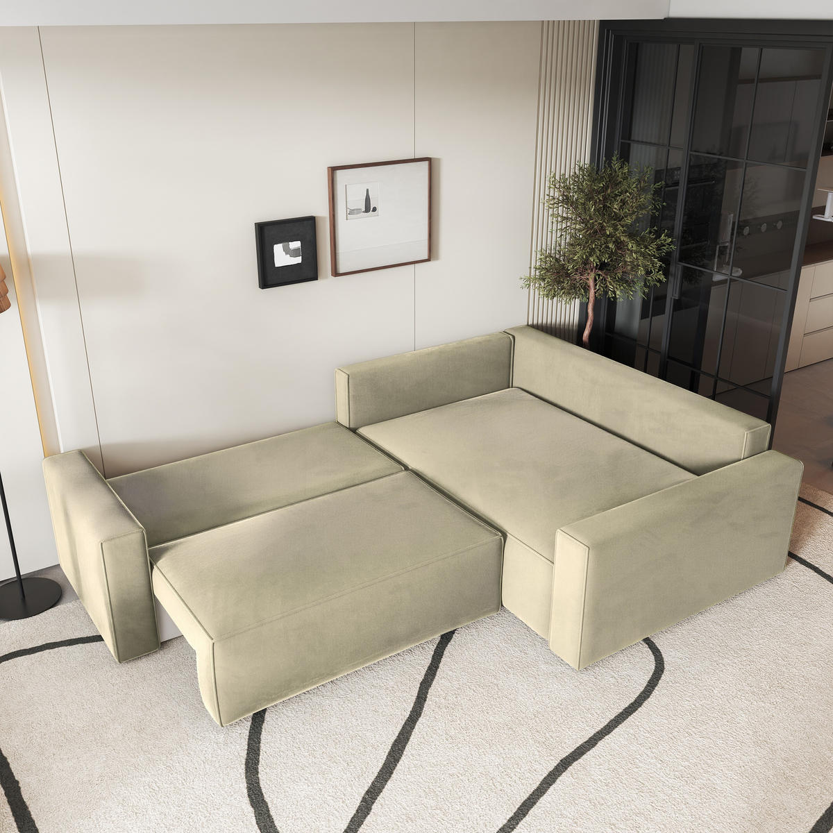 ECKSOFA ERONIS R-S Creme Velours-Stoff mit Schlaffunktion - Creme, Holz (265/194cm) - MASSENO