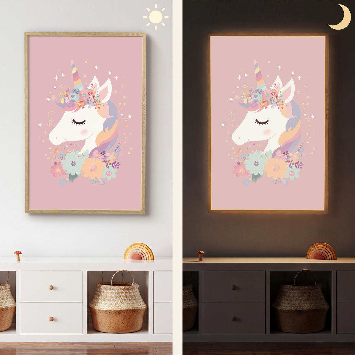 NÁSTĚNNÁ LAMPA S AKUMULÁTOREM Jednorožec - růžová - květiny 60x90 cm - růžová, kompozitní dřevo (60/90/8cm) - OnlyWow