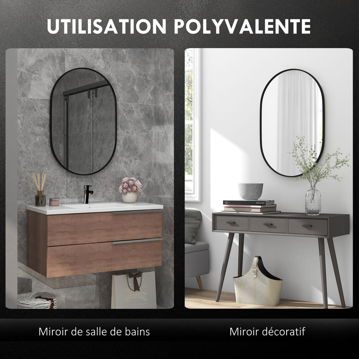 BADEZIMMERSPIEGEL DE-15188 oval 60/90 cm, 2-in-1 Montage Schwarz - Schwarz, Metall (3/60/90cm) - ComfortXL