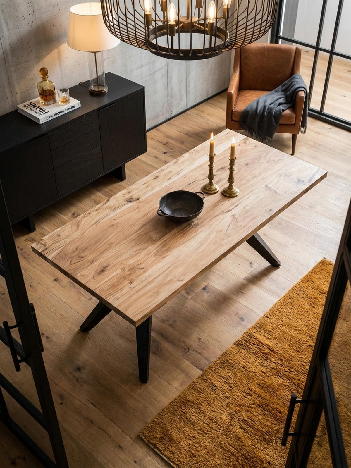 ESSTISCH Massivholz Metall Rechteckig Loft-Stil, Akazie 180x90x76 cm - Schwarz/Akaziefarben, Holz/Metall (90/180/76cm) - KADIMA DESIGN