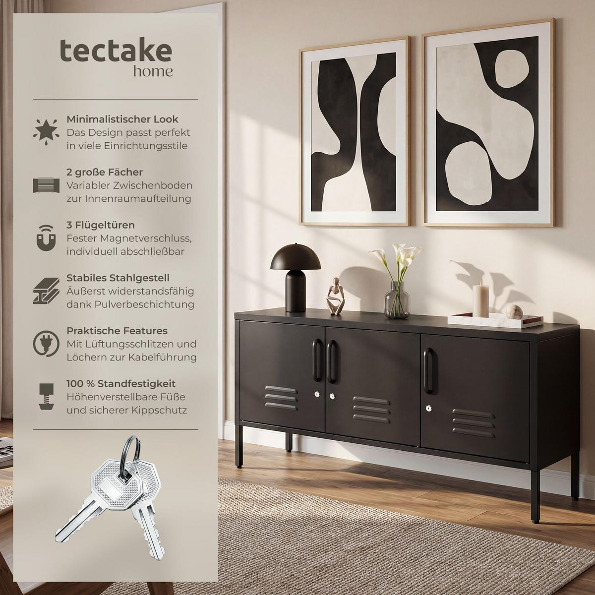 SIDEBOARD Baker, Kippschutz, höhenverstellbare Füße, schwarz - Schwarz, Metall (120/55.5/37.5cm) - tectake