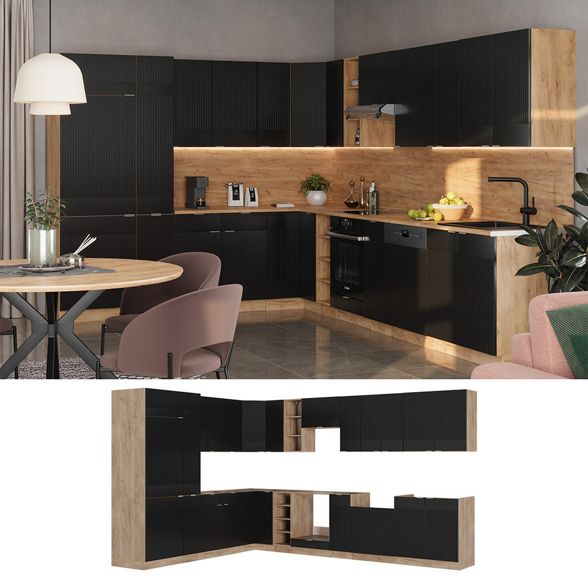 ECKKÜCHE Fame-Line, Schwarz gestreift/Goldkraft Eiche, 347 x 257 cm ohne Arbeitsplatte - Schwarz, Holzwerkstoff (347/81.6/46cm) - Vicco