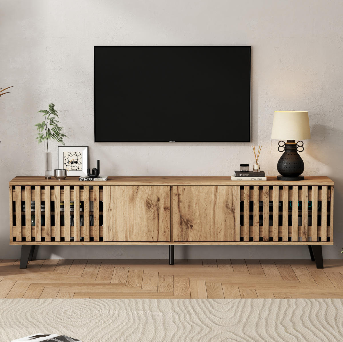 SADA TV stolku a komody z dřevotřísky 180x40x55/150x40x95 cm v dekoru přírodního dřeva s úložným prostorem - světle hnědá, kompozitní dřevo (180/55/40cm) - Modfu