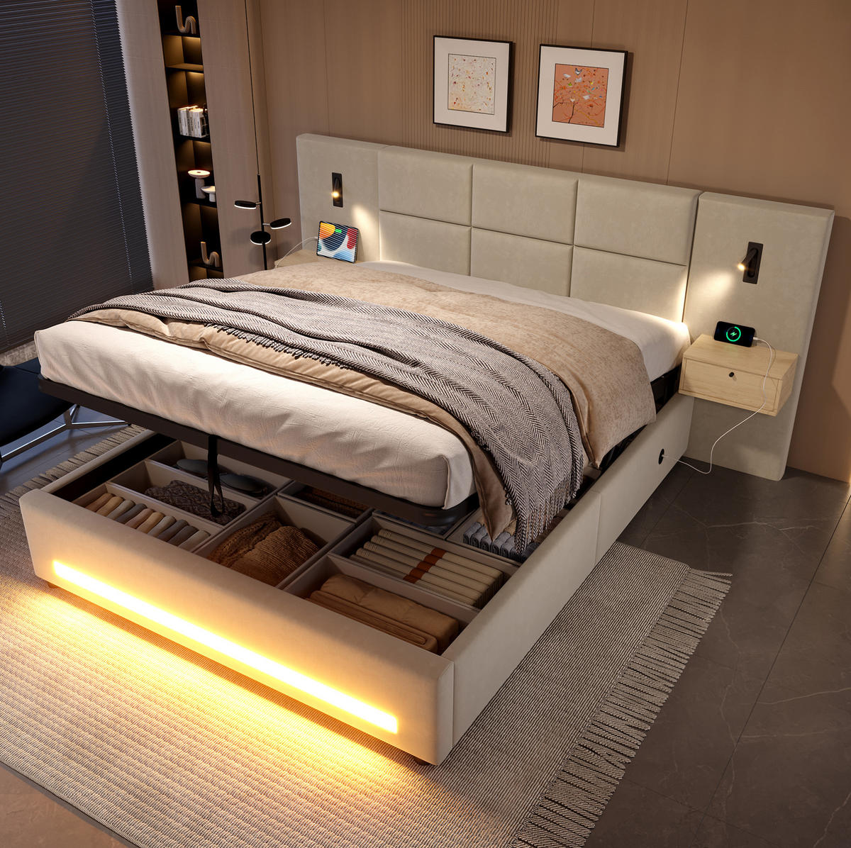 BETT mit Stauraum 180x200 cm Velours Beige - Beige, Metall (180/200cm) - Meubliv