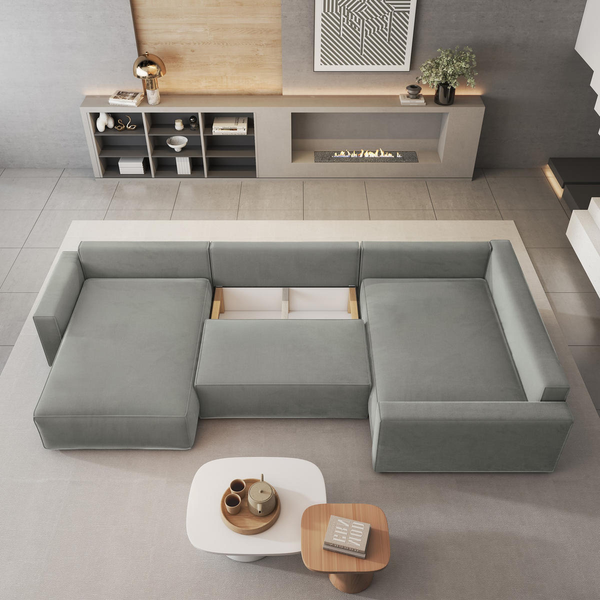 WOHNLANDSCHAFT VELAMI R-S Beige Velours-Stoff mit Schlaffunktion - Beige, Holz (365/83/194cm) - MASSENO