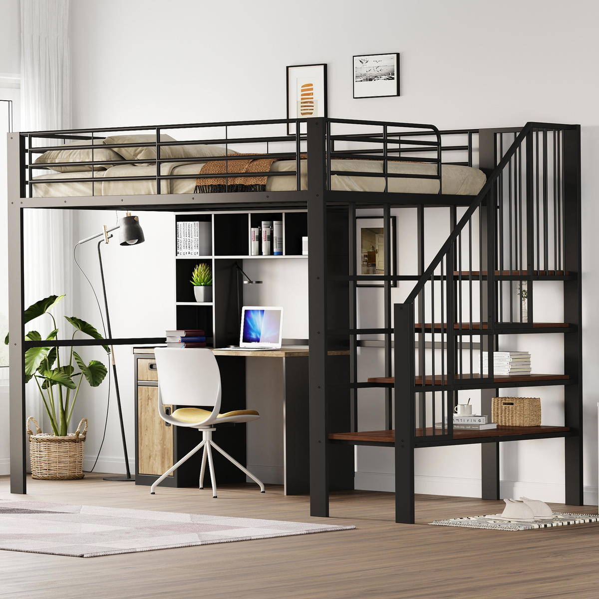 HOCHBETT 140/200 cm Schwarz aus Metall und Holz mit Treppe - Schwarz, Metall (140/200cm) - OKMYHOME