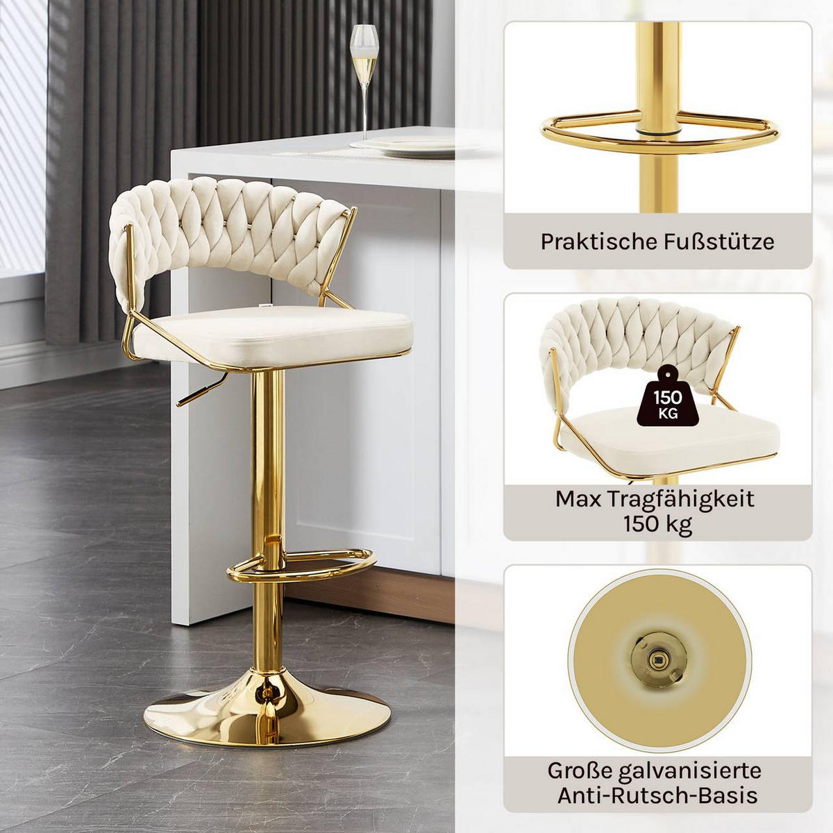 BARHOCKER mit geflochtener Rückenlehne, Samt, Creme - Goldfarben/Creme, Textil/Metall (48/83/46.5cm) - Woltu