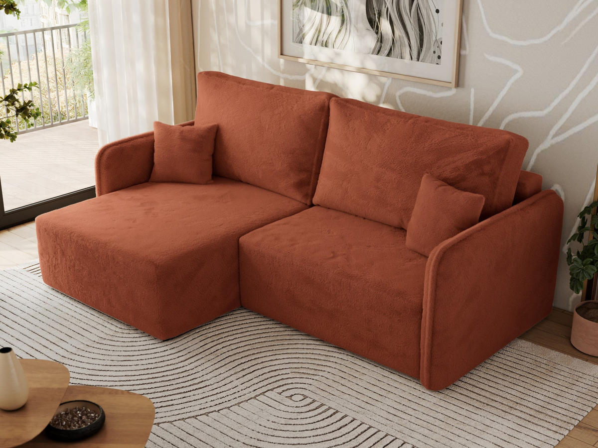 ECKSCHLAFSOFA MESTO L Orange Plüsch - links - Schwarz/Orange, Kunststoff/Textil (227/147cm) - MKS