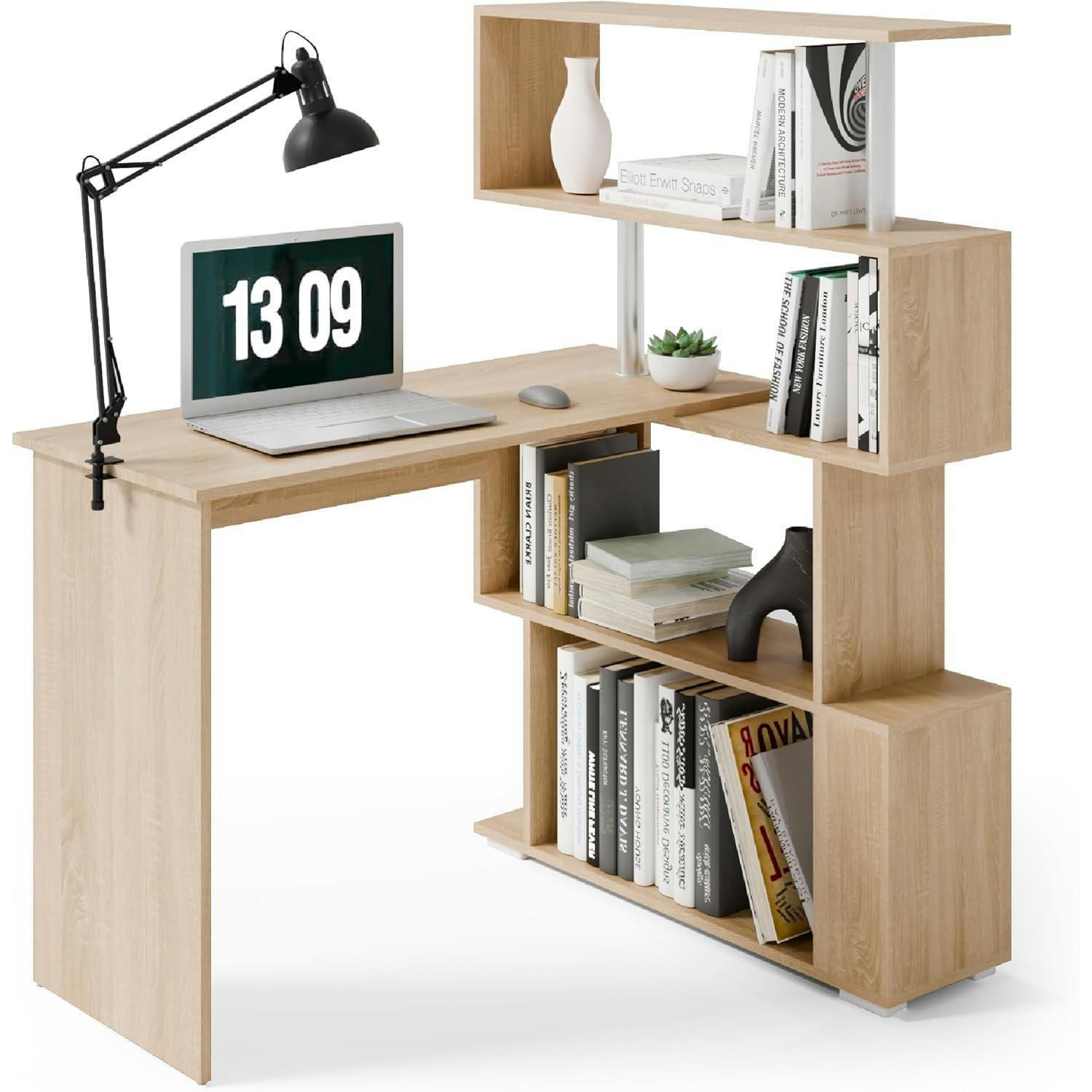 COMPUTERTISCH L-förmig mit drehbarem Bücherregal Eiche 157 x 45 x 130,5 cm - Braun, Holzwerkstoff (45/157/130.5cm)