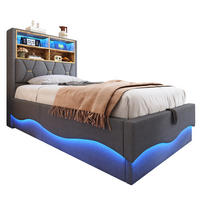 KINDERBETT 90/200 cm Grau aus Leinen und Metall mit LED-Beleuchtung und Stauraum - Grau, Metall (90/200cm) - OKMYHOME