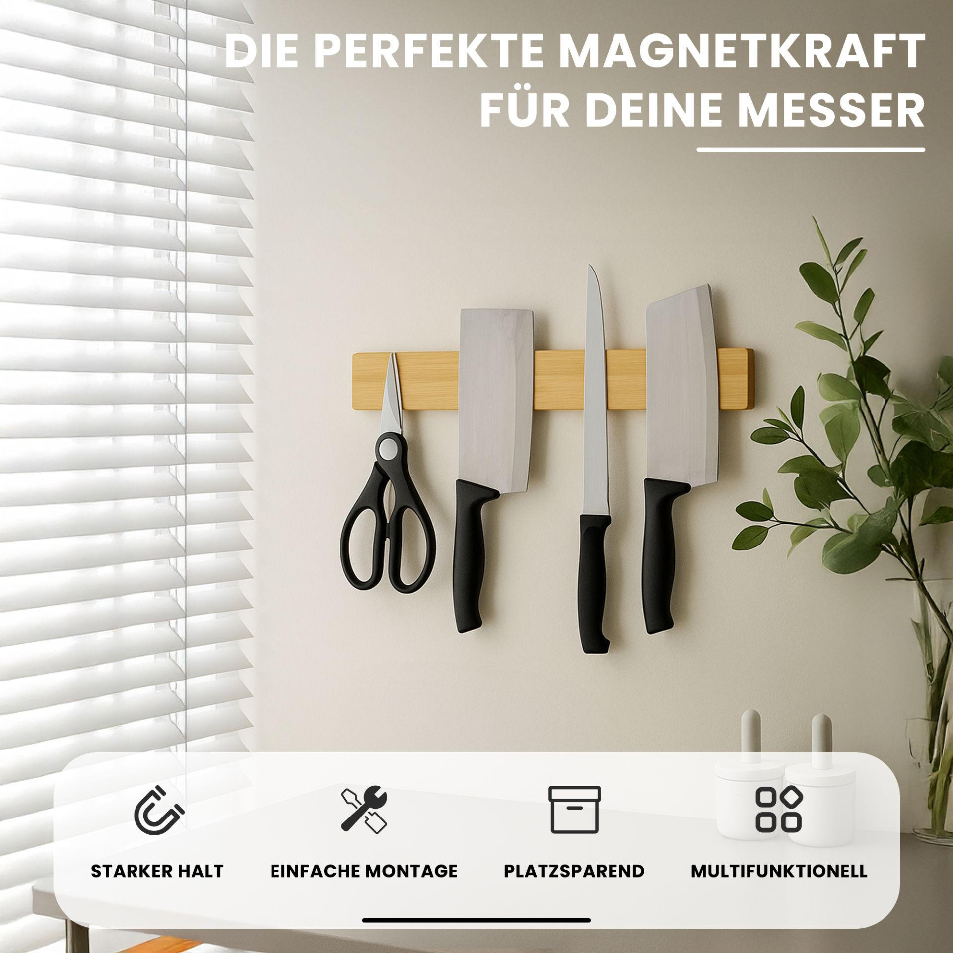 MESSERLEISTE aus Bambus 40cm breit inkl. 3 Haken - Beige, Holz (40/6.2/1.5cm) - CHEFGASTRO