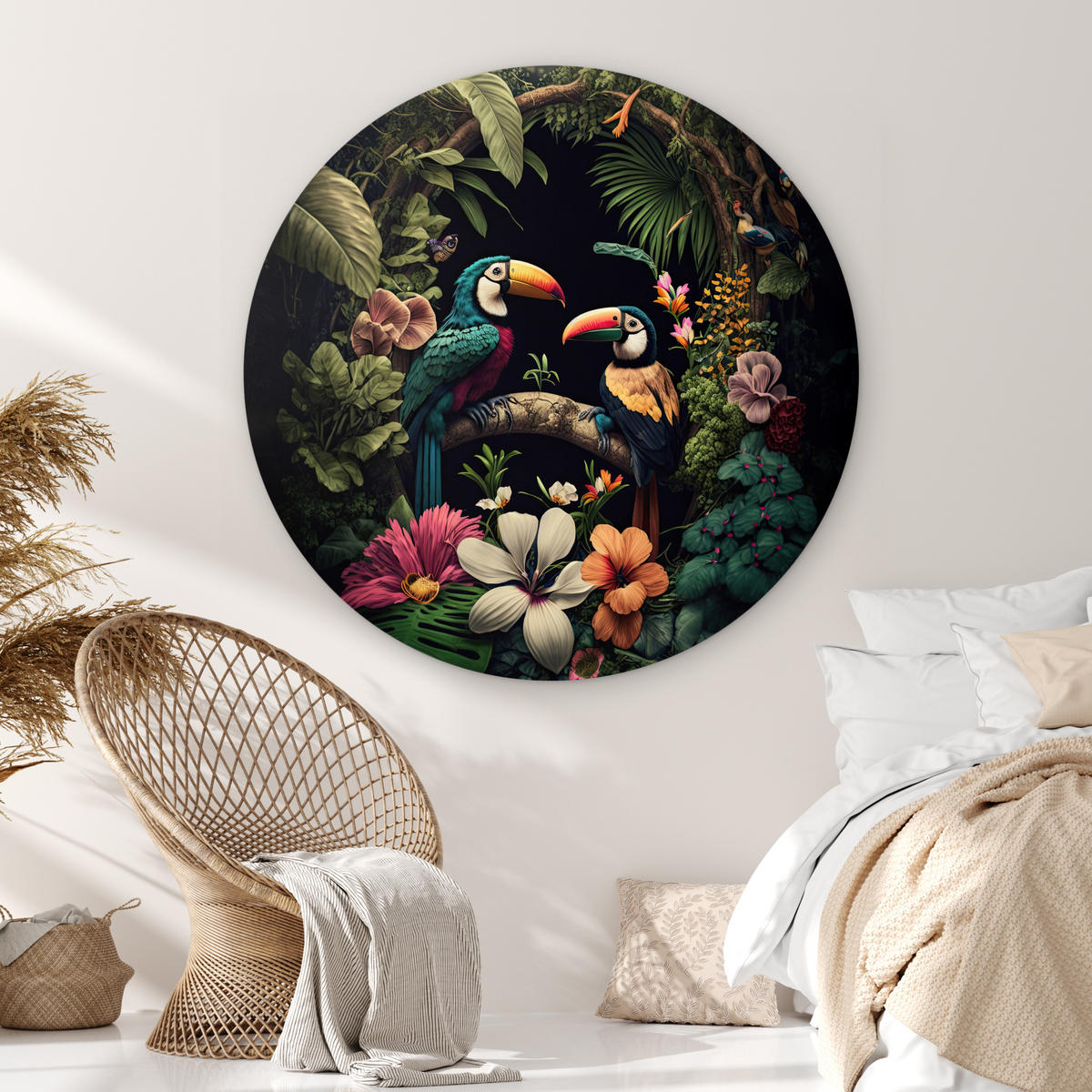 WANDBILD Vogel - Blumen - Pflanzen - Dschungel - Schwarz - Tukan Deko Groß 150x150 cm - Smaragdgrün, Kunststoff (150/150cm) - MuchoWow