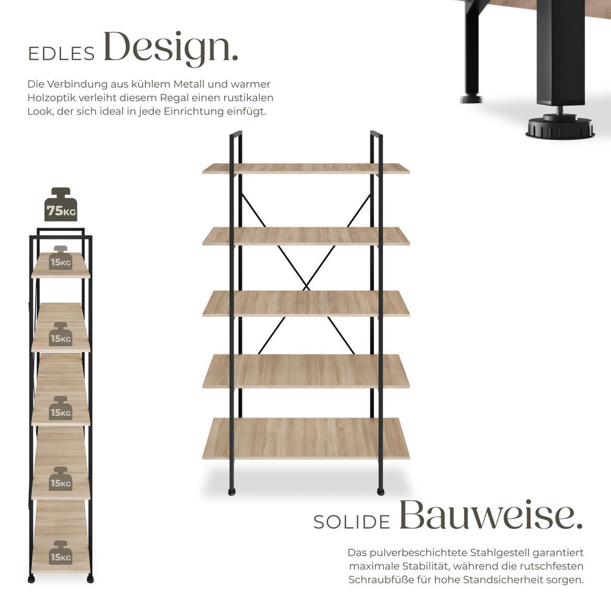 REGAL Glasgow,inklusive Kippschutz, 106 x 34,5 x 179,5 cm,Industrial Holz hell, Eiche Sonoma - Naturfarben, Holz (34.5/179.5/106cm) - tectake