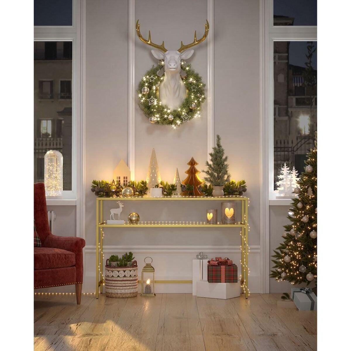 METALLKONSOLE mit 2 Regalen aus gehärtetem Glas 30/90/80 cm - Goldfarben, Metall (31/30/80cm) - Calicosy