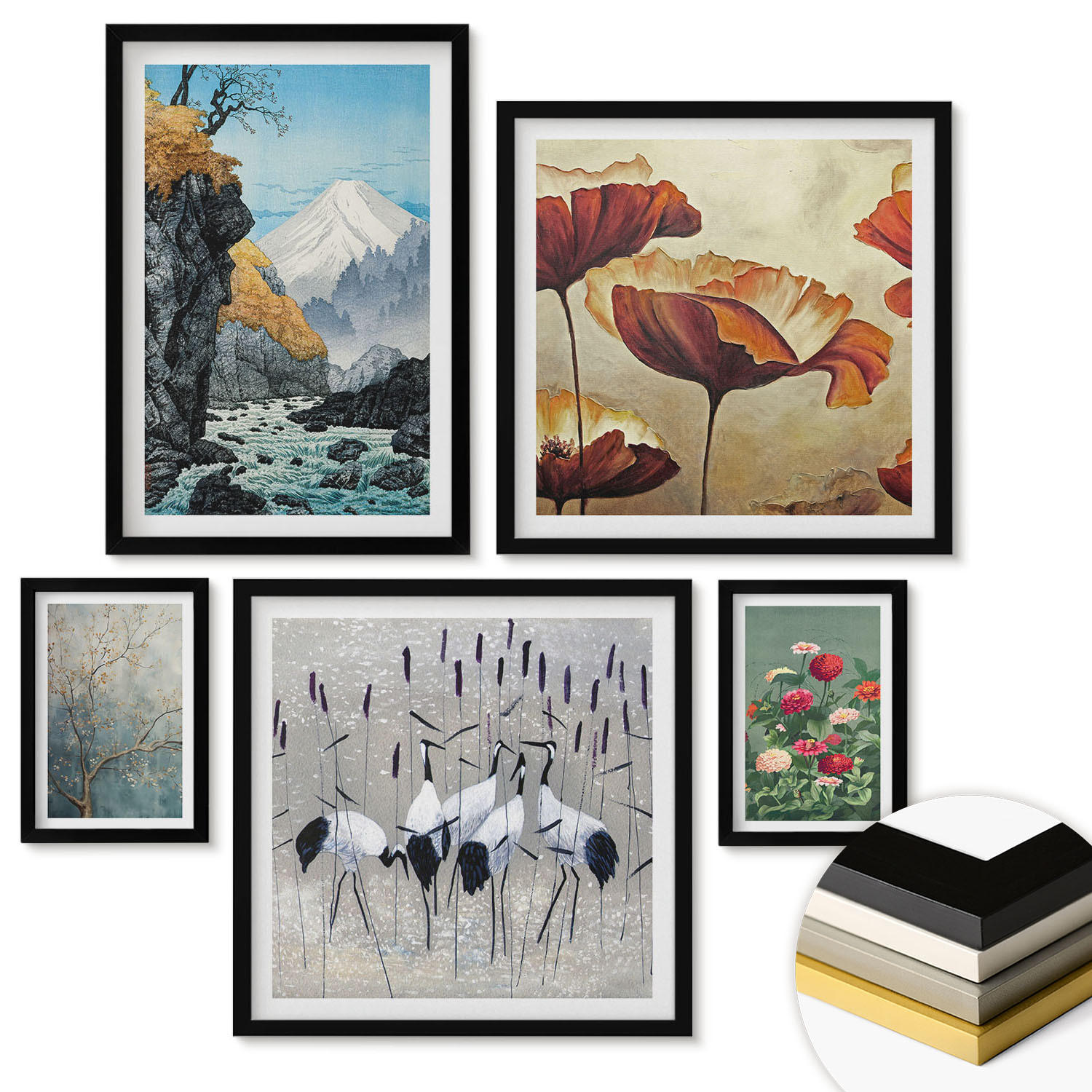 WANDBILDER 5er-Set - 50x50 cm & 20x30 cm & 40x60 cm Schwarzer Rahmen - Tropische Pflanzen, Pflanzenliebhaberin - Schwarz, Kunststoff (40/60cm) - ArtPrintCave