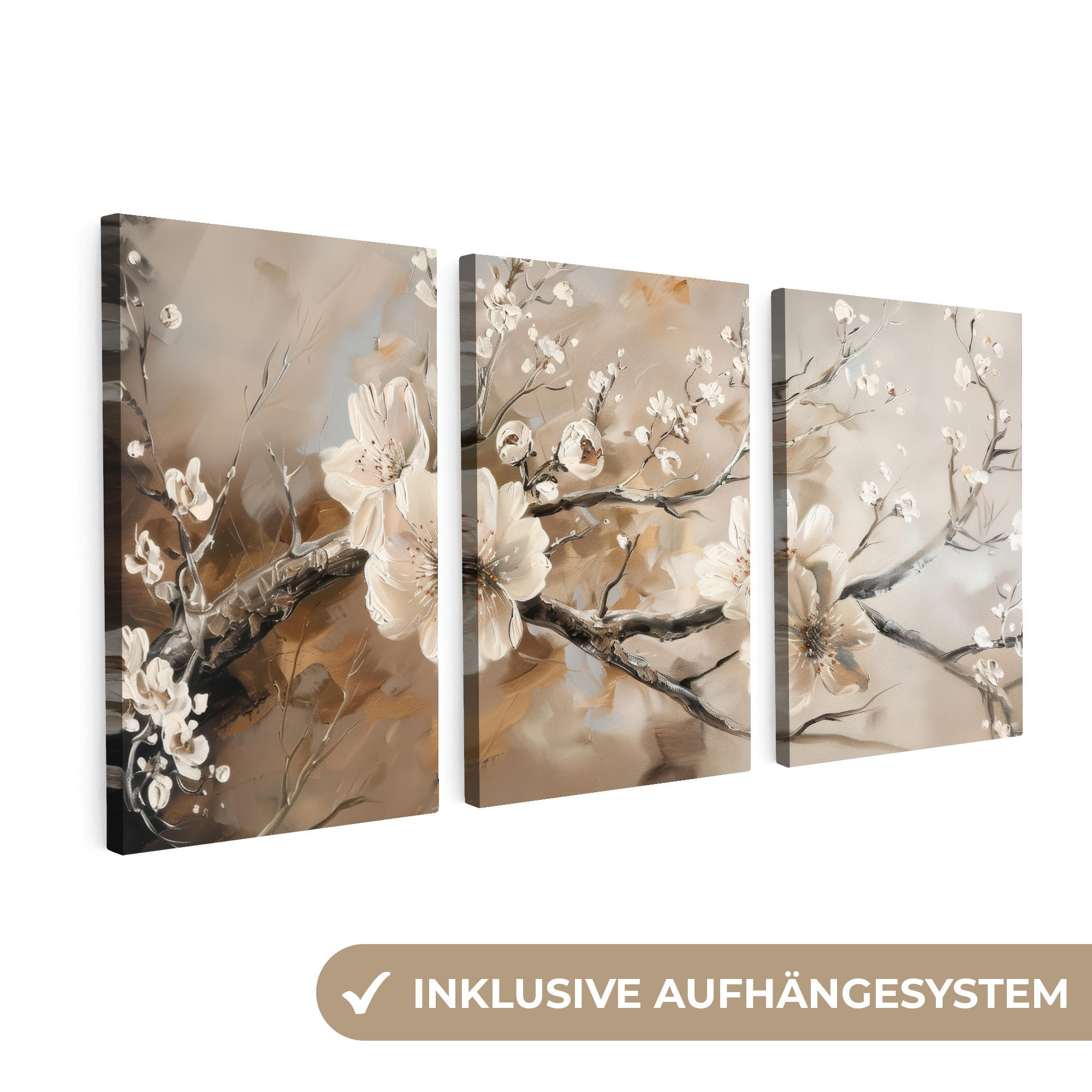 LEINWANDBILD 3er Set Blüte - Beige - Abstrakt - Blumen 240x120 cm - Hellbraun, Textil (240/120cm) - MuchoWow