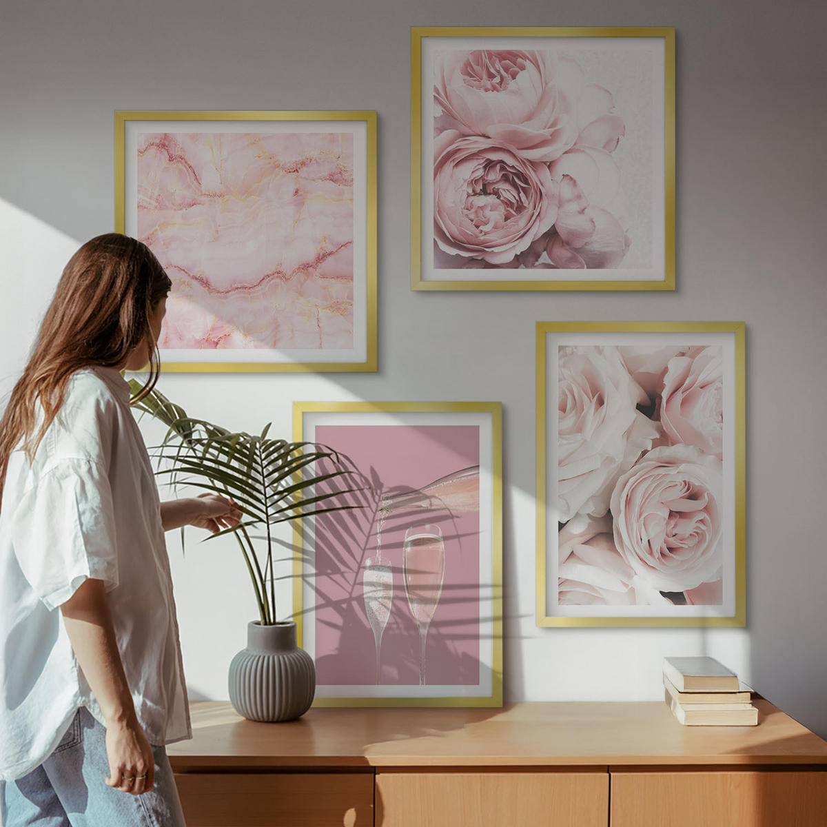 WANDBILDER 4er Set - 50x50 cm & 40x60 cm Goldrahmen - Rosen, Champagner, Marmor, Pastell - Goldfarben, Kunststoff (50/50cm) - ArtPrintCave
