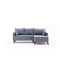 ECKSOFA mit Hocker als Schlaffläche, perfekt für kleine Räume - Blau/Walnussfarben, Holz/Kunststoff (140/205cm) - myHomelando