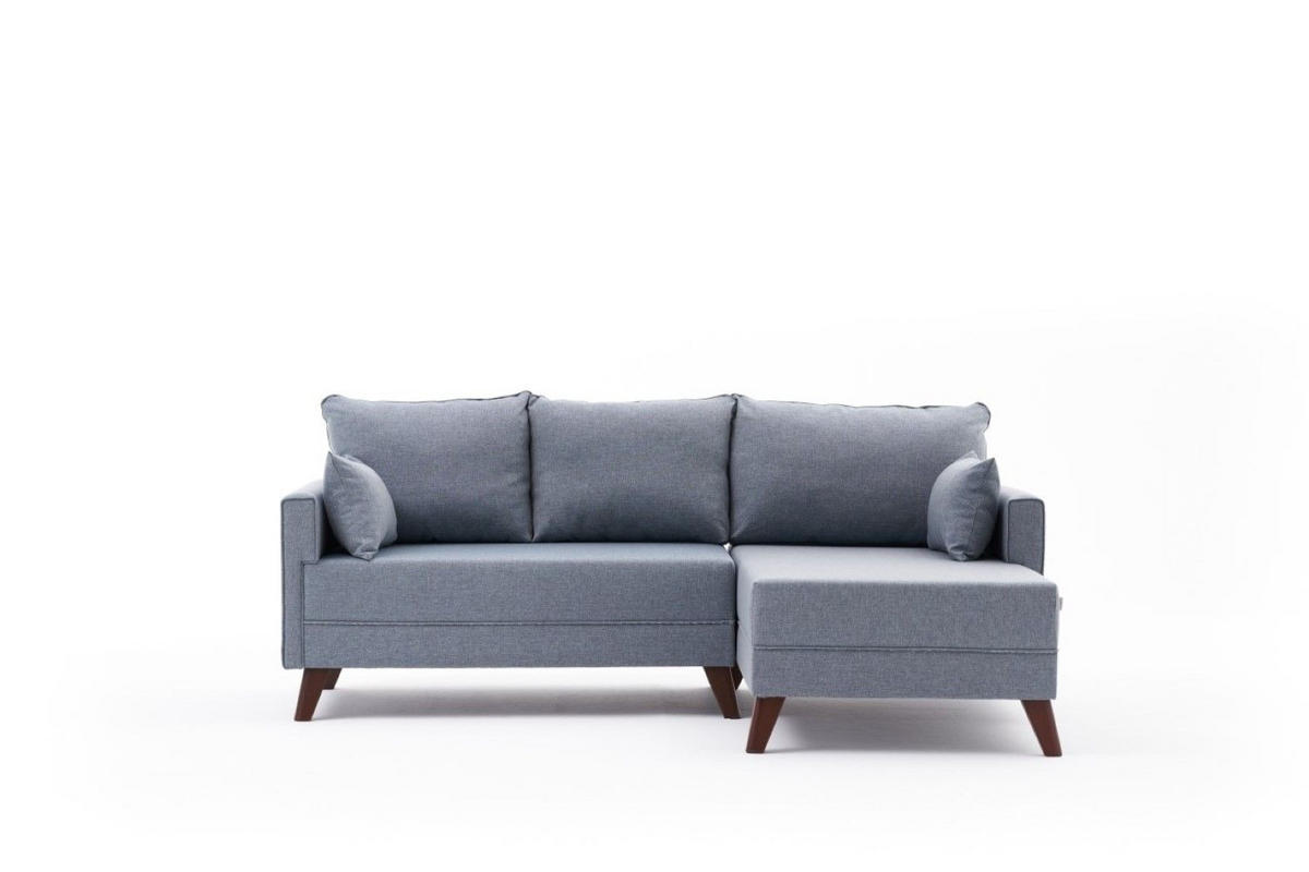 ECKSOFA mit Hocker als Schlaffläche, perfekt für kleine Räume - Blau/Walnussfarben, Holz/Kunststoff (140/205cm) - myHomelando