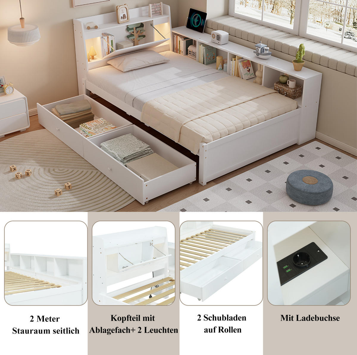 JEDNOLÔŽKOVÁ posteľ 90/200 cm biela s úložným priestorom, 2 svetlami a nabíjacou zásuvkou z masívu a MDF - biela, drevo (90/200cm) - OKWISH