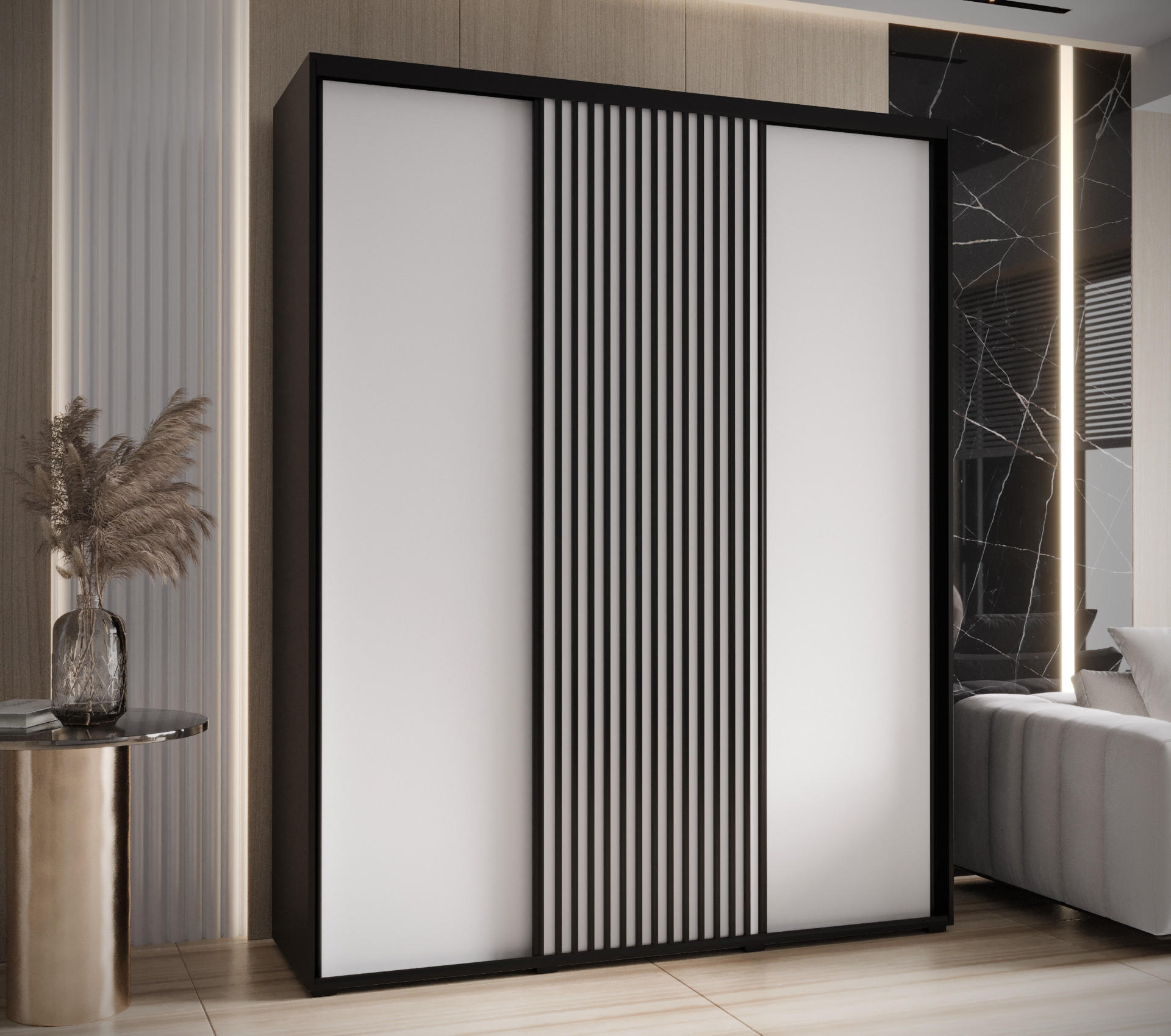 SCHWEBETÜRENSCHRANK 205,2/190/60 3-türig - Schwarz/Weiß, Holz/Metall (190/205.2/60cm) - Abiks Möbel