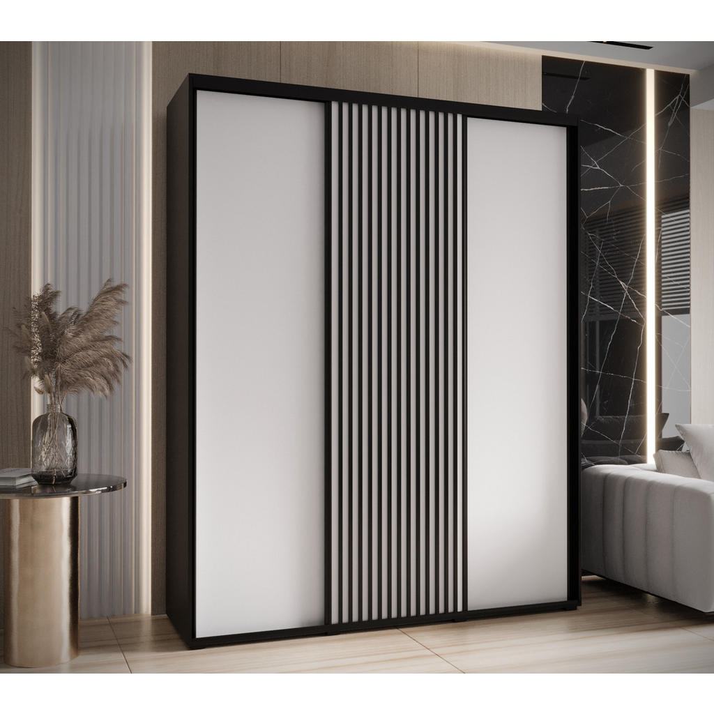 Thumbnail - Abiks Möbel Schwebetürenschrank, Schwarz, Weiß, Schwarz, Metall, Nachbildung, 6 Fächer, 200x235x60 cm, Schlafzimmer, Kle...