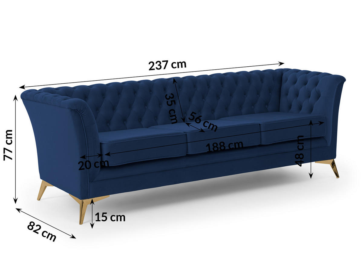 SITZGARNITUR 3+2+1 Chesterfield Whitby Marineblau Samt mit goldenen Füßen - Blau/Goldfarben, Holz/Textil (237/78/82cm) - S-Style Möbel