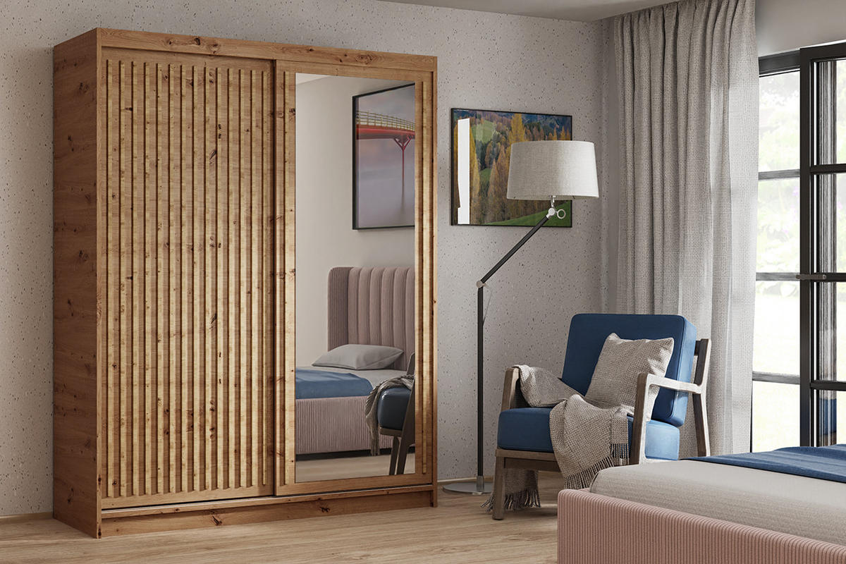 SCHWEBETÜRENSCHRANK Dora 100 cm mit Lamellen und Spiegel 2-türig, artisan, Lamelle artisan - Eiche Artisan, Kunststoff (100/205/60cm) - Margaret Hadas24