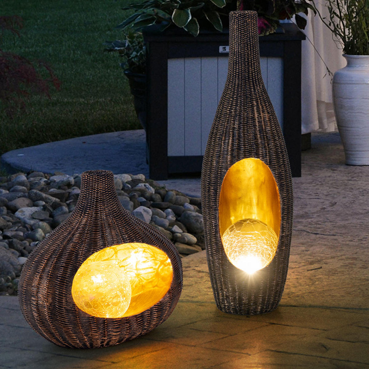 LED AUSSENLEUCHTE Rattan Braun Gold - Braun, Glas (14.3/13/45.5cm) - Globo Lighting