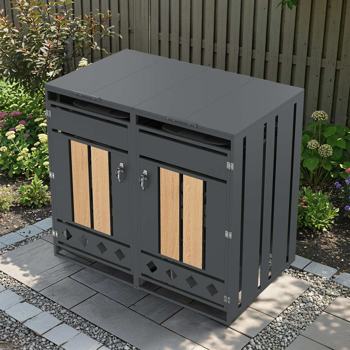 MÜLLTONNENBOX Klappdeckel 2 Türen Holzoptik vertikal - Grau, Metall (132/118.5/80cm) - LEBENLANG