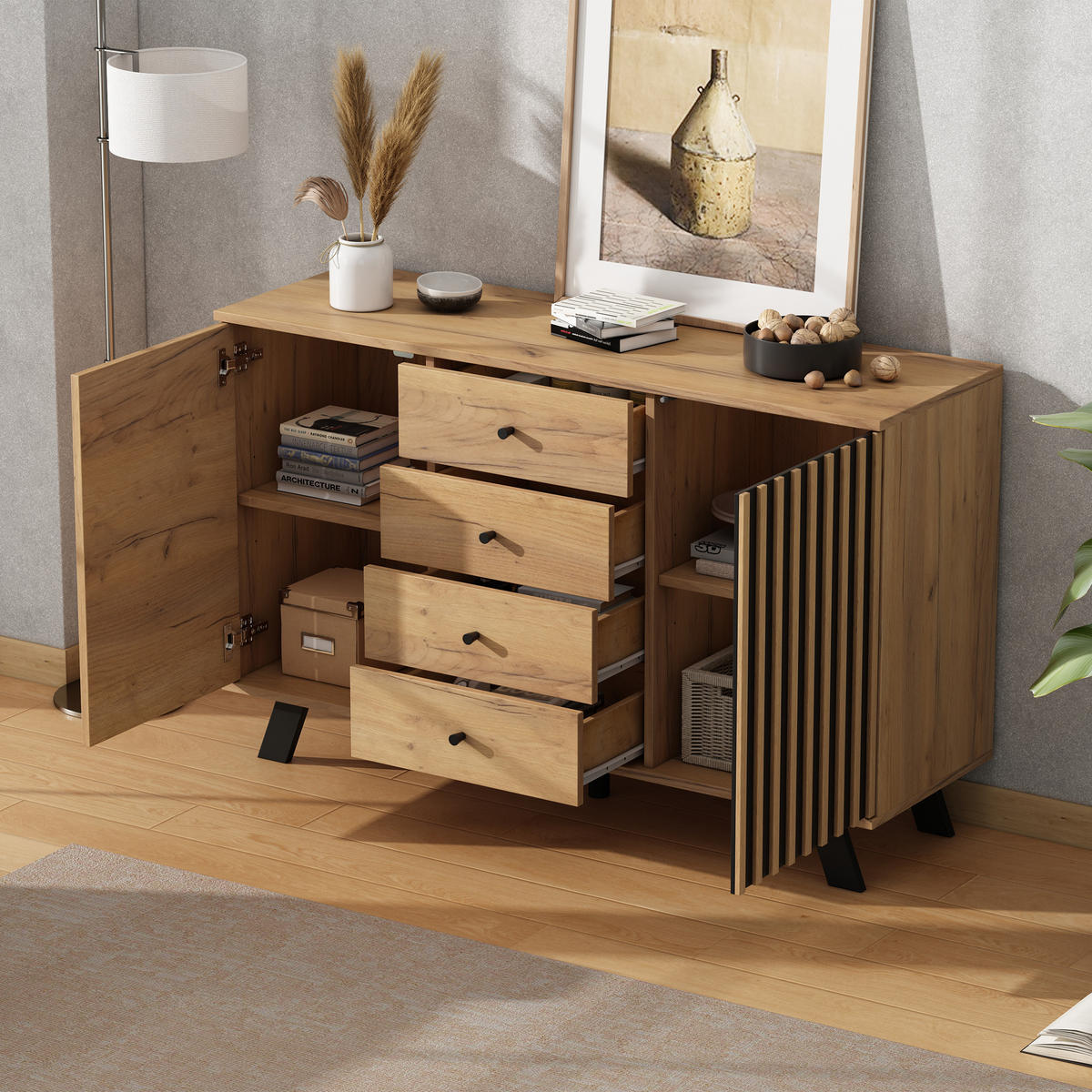 SIDEBOARD 120/38/75 cm mit 2 Türen & 4 Schubladen in Schwarz/Natur - Schwarz, Holzwerkstoff (120/75/38cm) - BEAOK