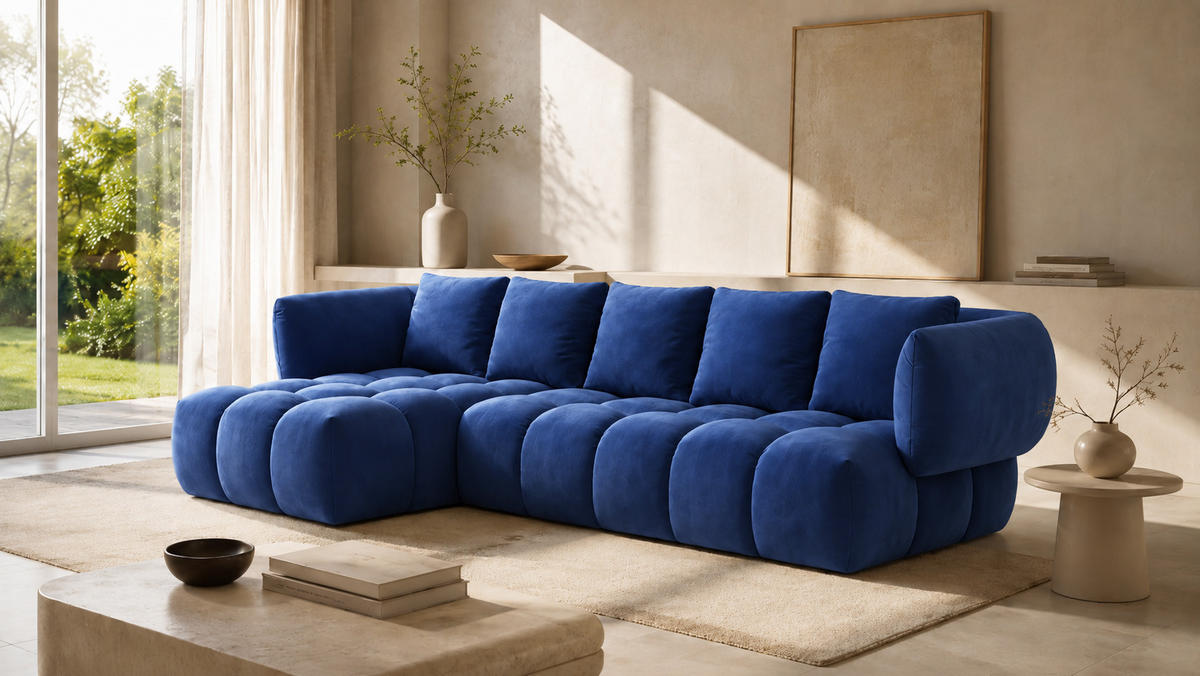 ECKSOFA L-Form, Veloursstoff Bluvel, Tintenblau, Links, SEVIO L - Blau, Holz (242/175cm) - Kaiser Möbel