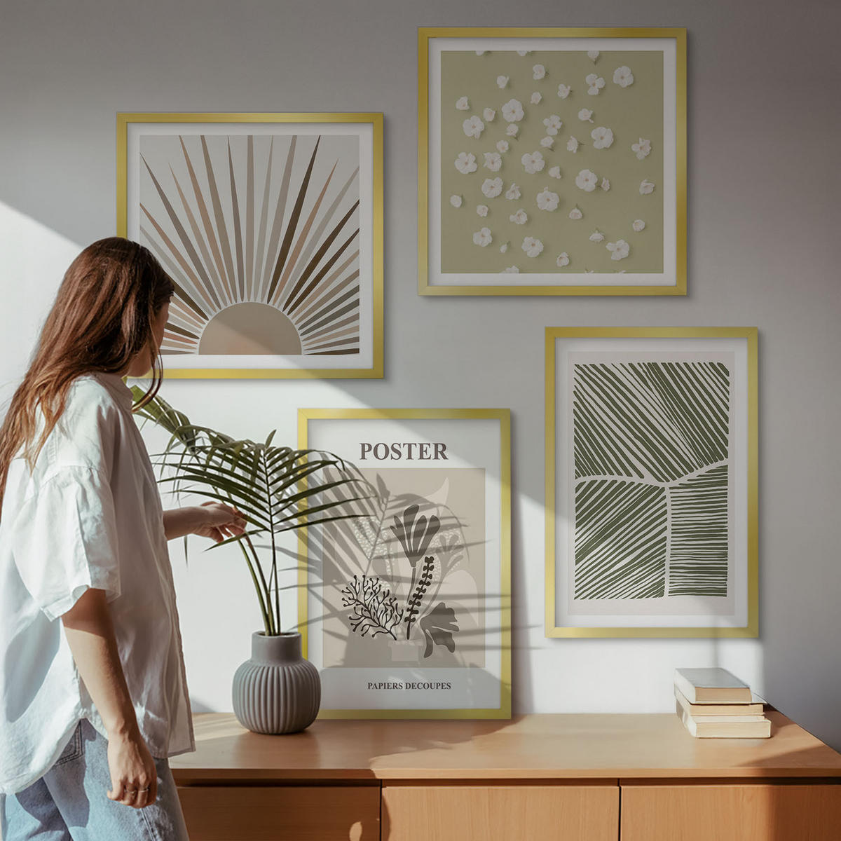 WANDBILDER 4er Set - 50x50 cm & 40x60 cm Goldrahmen - Pflanzenmotive in gedeckten Farben - Goldfarben, Kunststoff (50/50cm) - ArtPrintCave