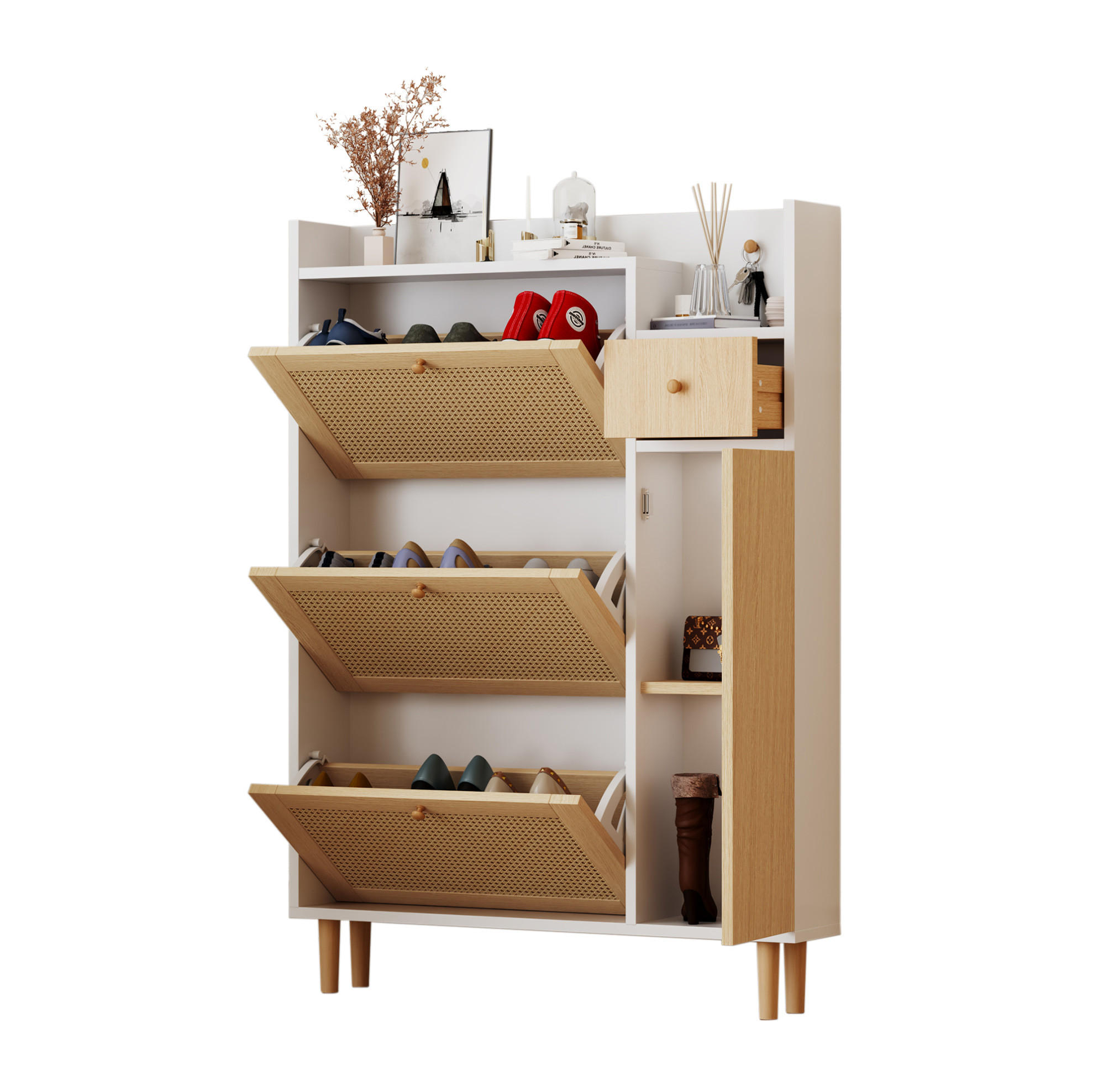 SCHUHSCHRANK 90/125/17 cm Natur/Weiß aus MDF mit 3 Klappen und Schublade - Weiß, Holzwerkstoff (90/125/17cm) - OKMYHOME