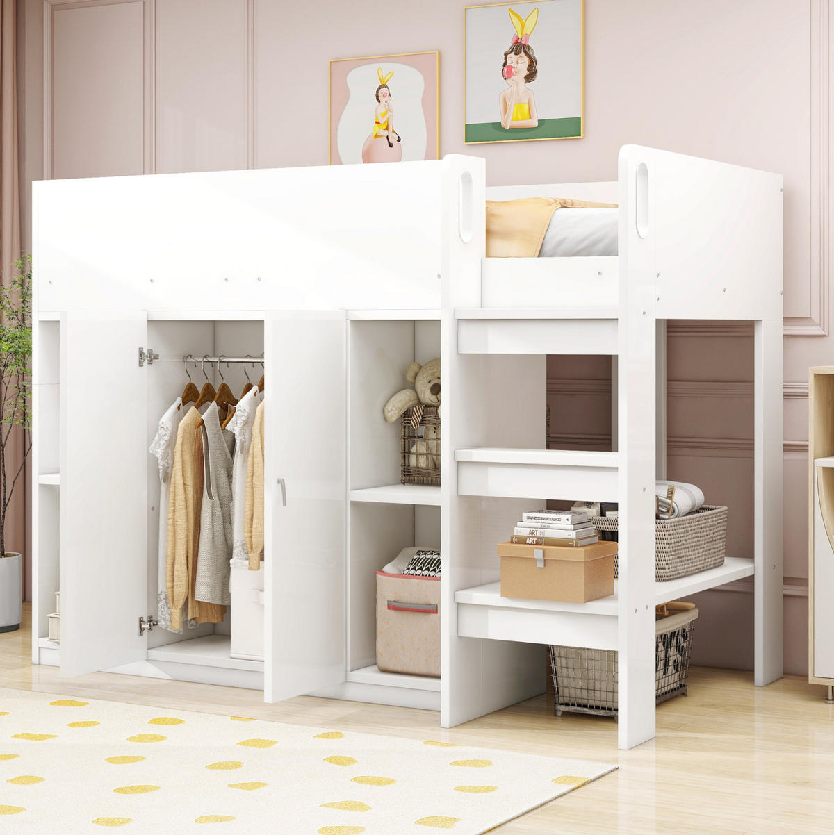 HOCHBETT 90/200 cm aus Holzwerkstoff mit Schrank und Regalen Weiß - Weiß, Holz (90/200cm) - Modenvie