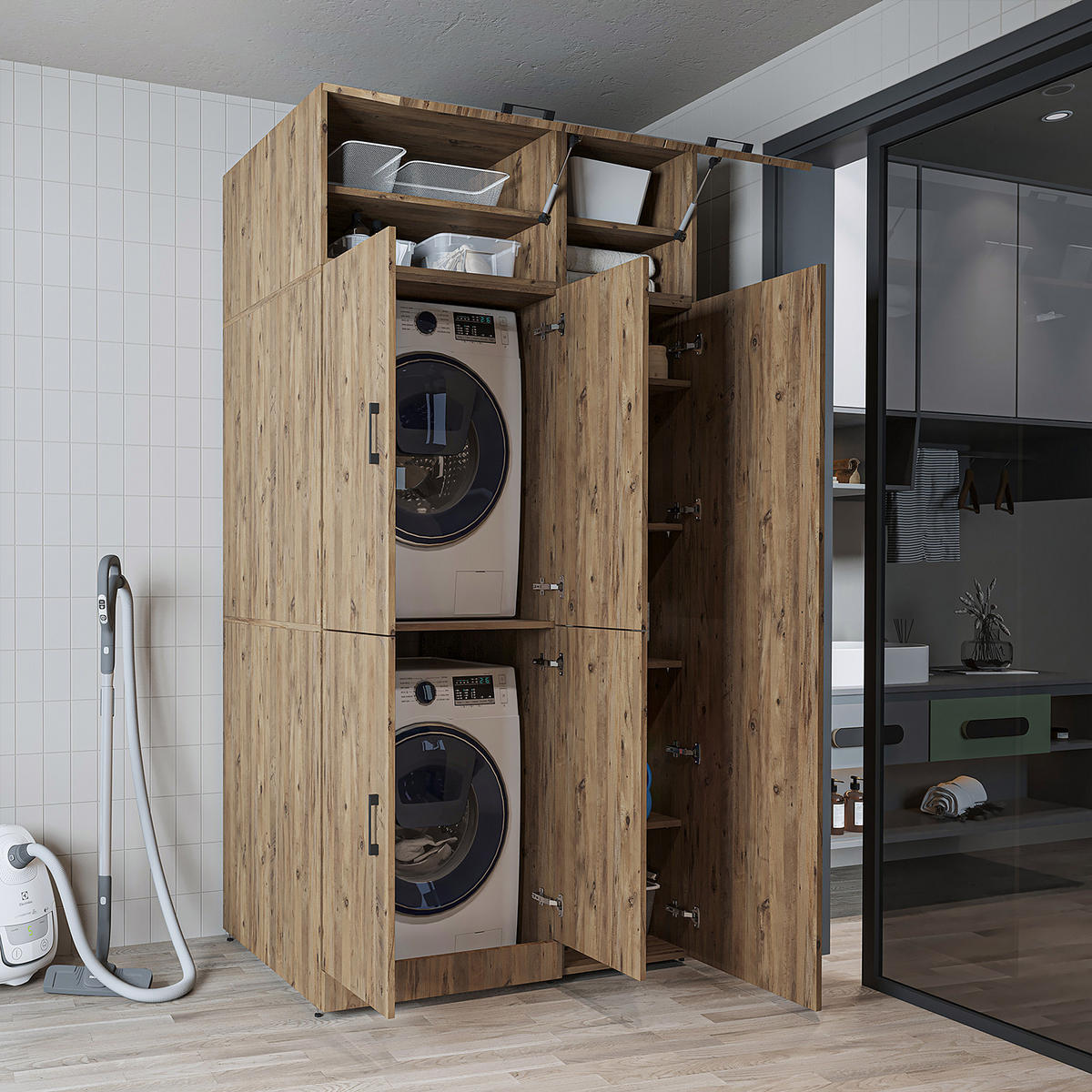 WASCHMASCHINENSCHRANK DORA-II 115cm Breit, 230cm Hoch - Eichefarben, Holzwerkstoff (115/230/73.8cm)