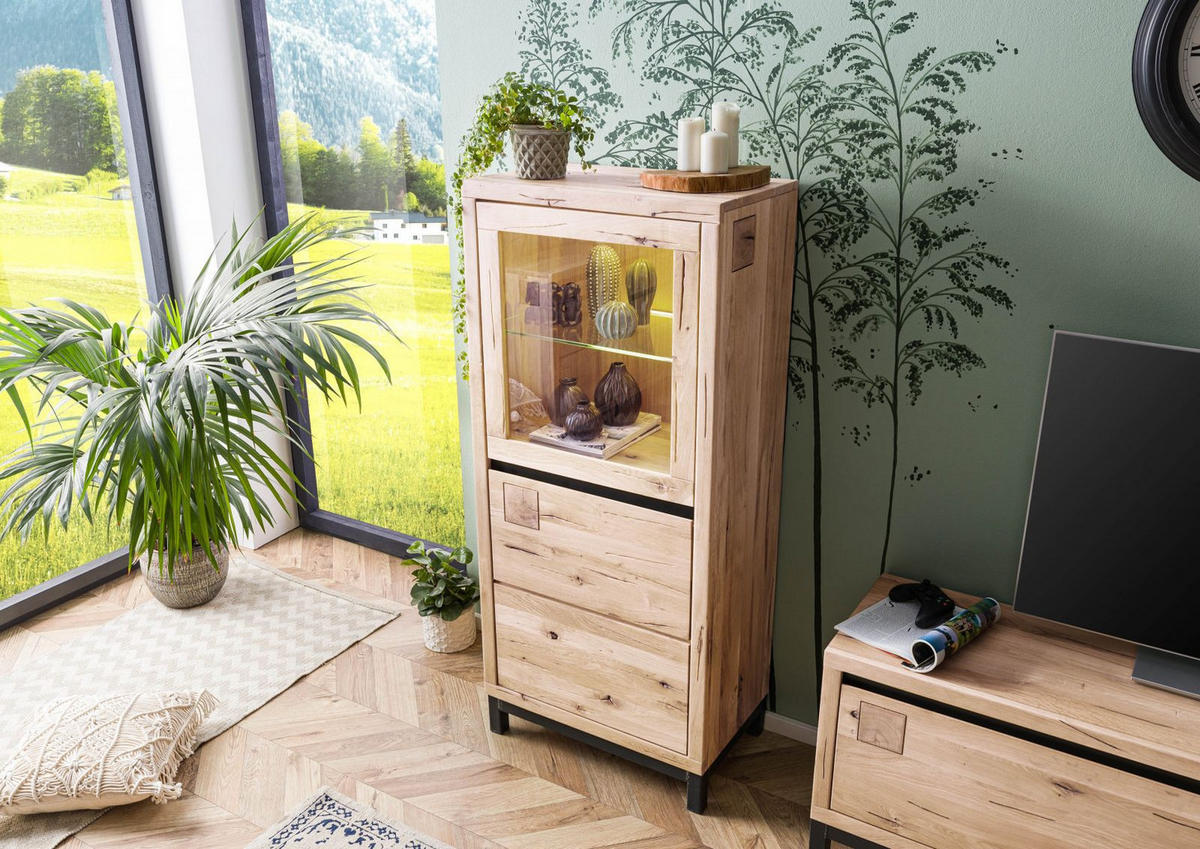 VITRINE Wildeiche 65x40x148 bianco geölt VILLANDERS #204 - Beige, Holz (65/148/40cm) - Massivmoebel24