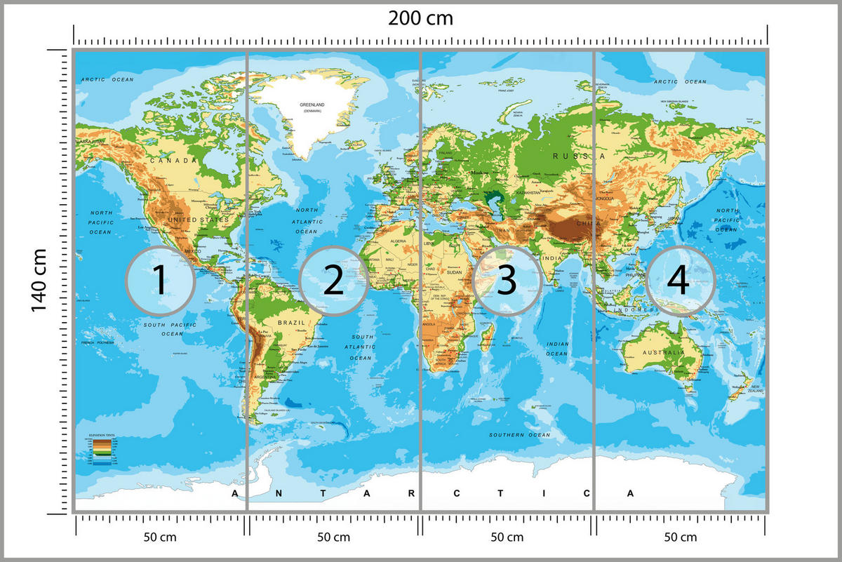 FOTOTAPETE für Wohnzimmer Physische Weltkarte Schriften 200x140 - Blau/Gelb, Papier (200/140cm) - Muralo