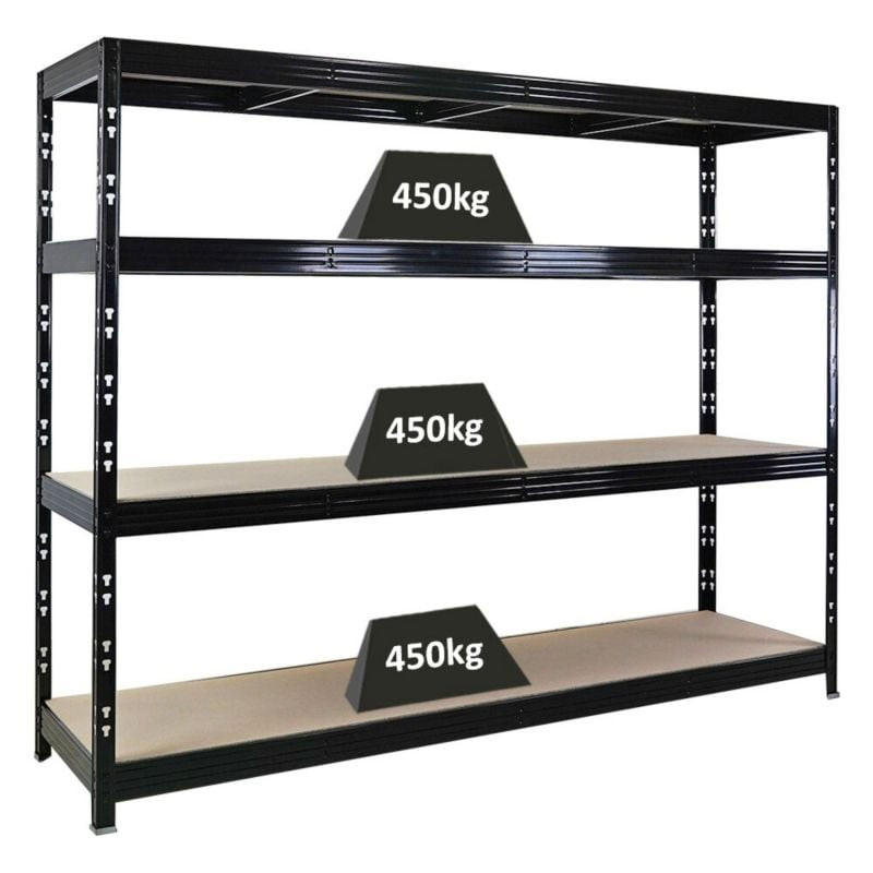 SCHWERLASTREGAL Rhino 180x240x60cm, 4 Spanplatten-Ebenen 8mm, Fachlast 450kg, Schwarz - Schwarz, Metall (240/180/60cm) - PROREGAL