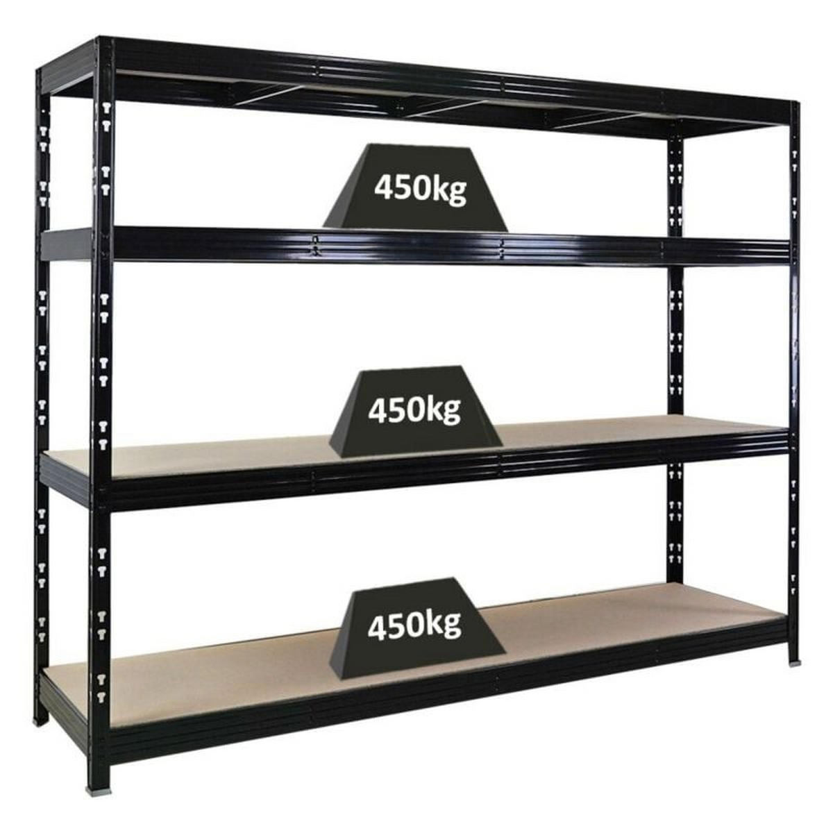 SCHWERLASTREGAL Rhino 180x240x60cm, 4 Spanplatten-Ebenen 8mm, Fachlast 450kg, Schwarz - Schwarz, Metall (240/180/60cm) - PROREGAL