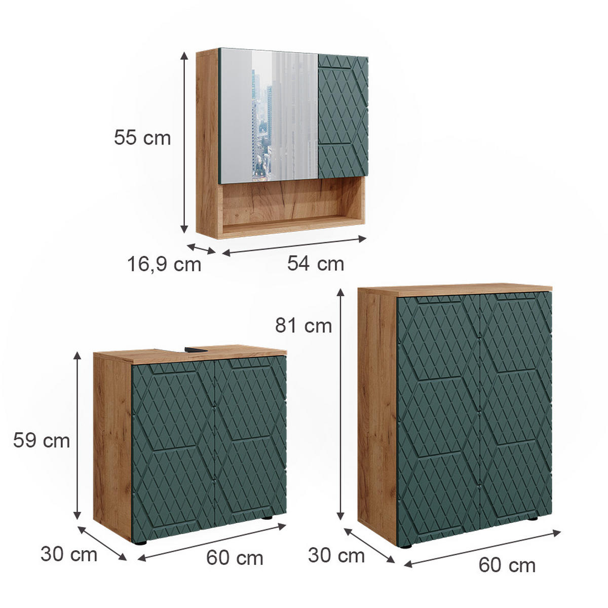 BADMÖBEL-SET Irma Grün 3 Teile, mit Unterschrank 60 cm - Honigeiche/Grün, Holzwerkstoff (80/58.6/41cm) - Vicco