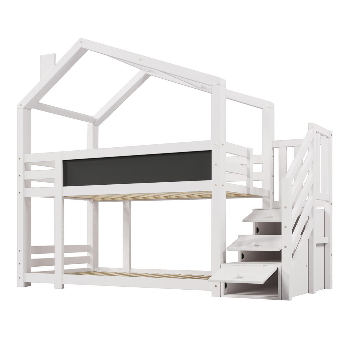 POSCHODOVÁ posteľ 90/200 cm biela s tabuľou a úložnými schodmi z masívneho dreva a MDF - biela, kompozitné drevo (90/200cm) - OKWISH