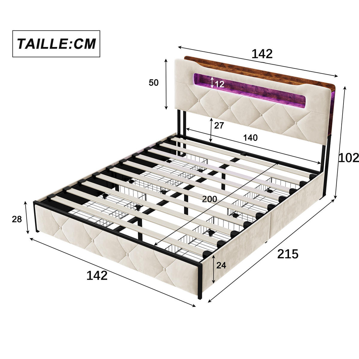 POLSTERBETT 140x200, jugendbett mit 4 Schubladen, LED, USB, Kopfteil, Lattenrost, samt, beige - Beige, Holzwerkstoff/Textil (140/200cm) - GENKI LIVING