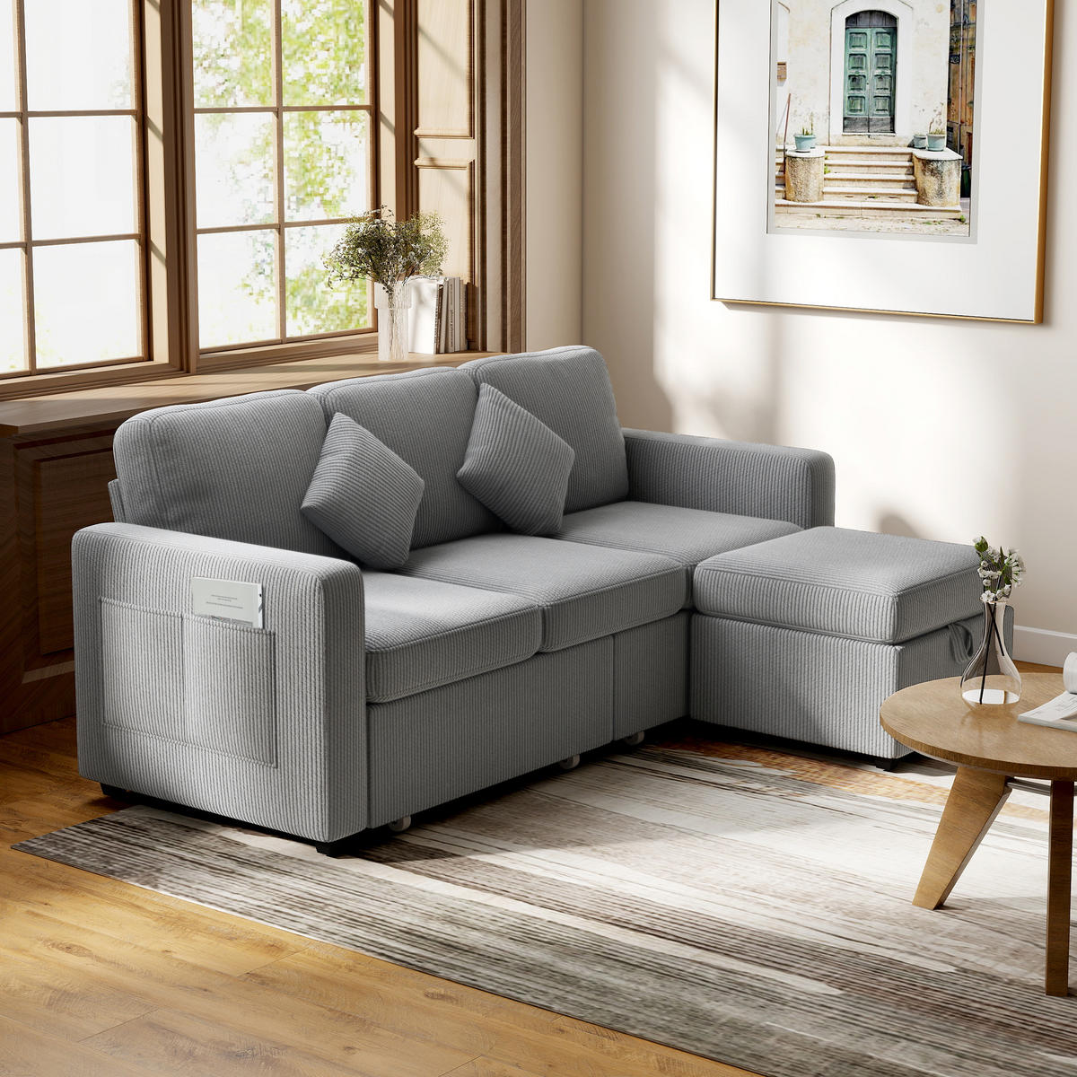 SOFA, 3-Sitzer, modular, Stauraumhocker, Cord, hellgrau, 196x139x85cm - Multicolor, Holzwerkstoff (194/85/139cm) - FORIOUS