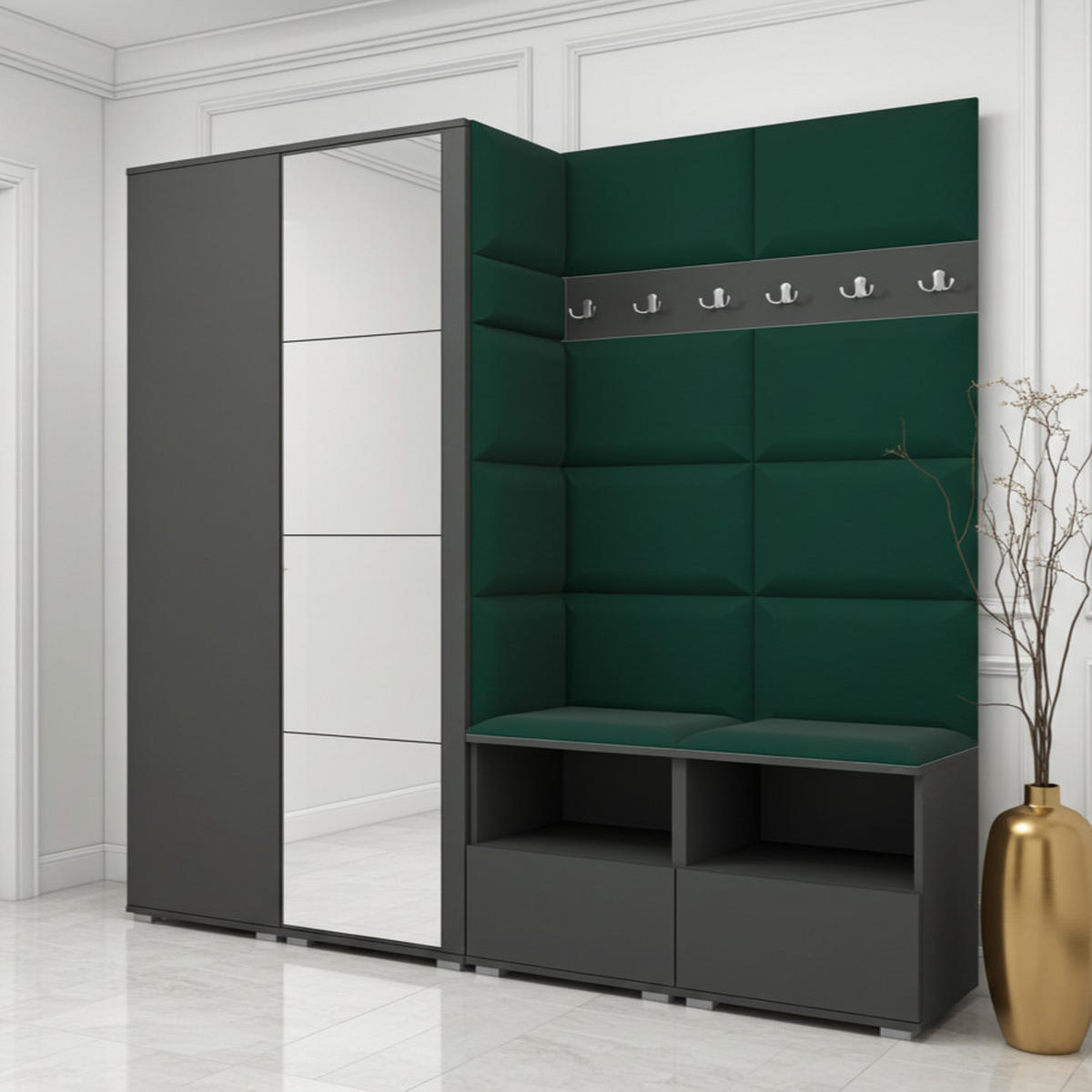 GARDEROBE NELA VI 200 cm (Modulare Flurmöbel Graphit mit Spiegel & Sitzpolster Flaschengrün 28 Universell) - Dunkelgrün/Silberfarben, Holz/Holzwerkstoff (200/187/40cm) - Ravio