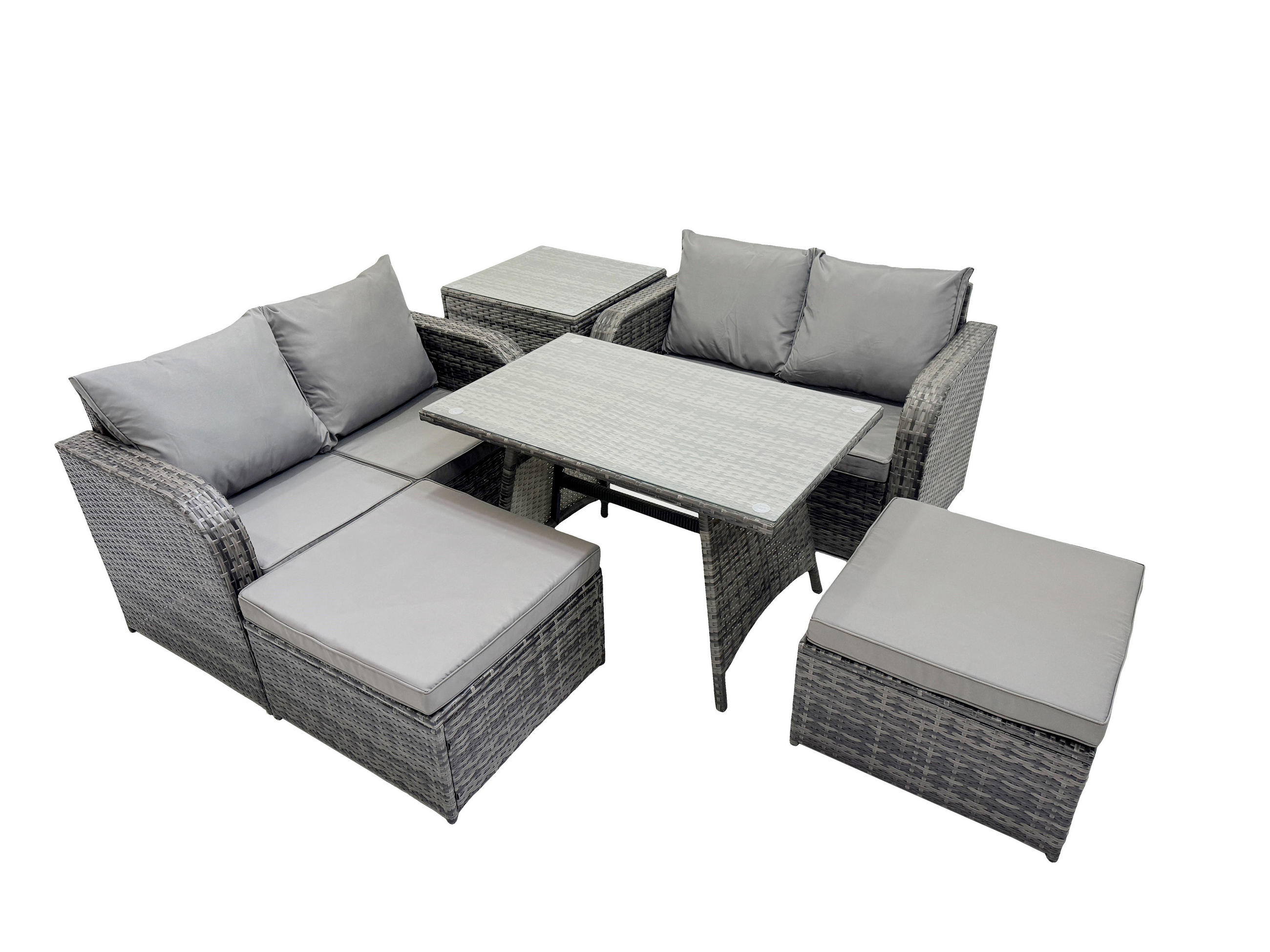 GARTENMÖBELSET mit ESSTISCH,SOFA Polyrattan 6-Sitzer - Dunkelgrau/Grau, Glas/Kunststoff - Fimous