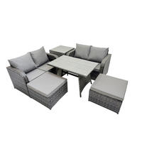 GARTENMÖBELSET mit ESSTISCH,SOFA Polyrattan 6-Sitzer - Dunkelgrau/Grau, Glas/Kunststoff - Fimous