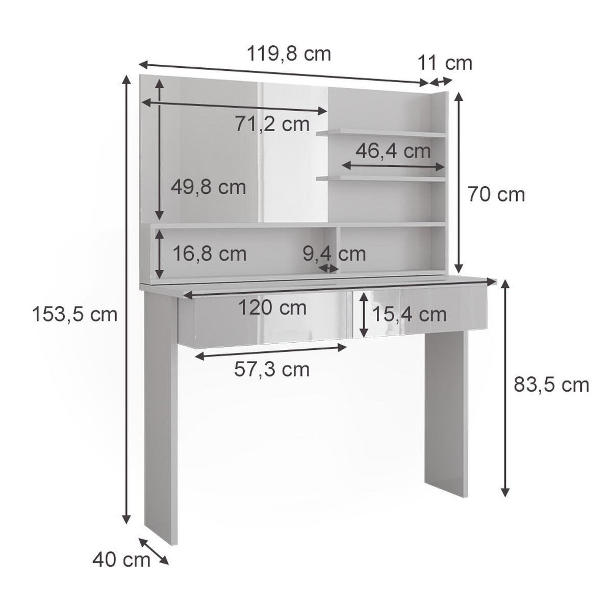 SCHMINKTISCH Azur Weiß 120 cm mit Spiegelregal - Weiß Hochglanz/Weiß, Holzwerkstoff (120/83.5/40cm) - Vicco