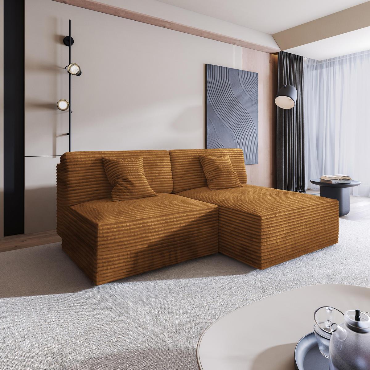 ECKSOFA FIORO Kupferfarben Kordstoff mit Schlaffunktion - Kupferfarben, Holz (204/148cm) - MASSENO
