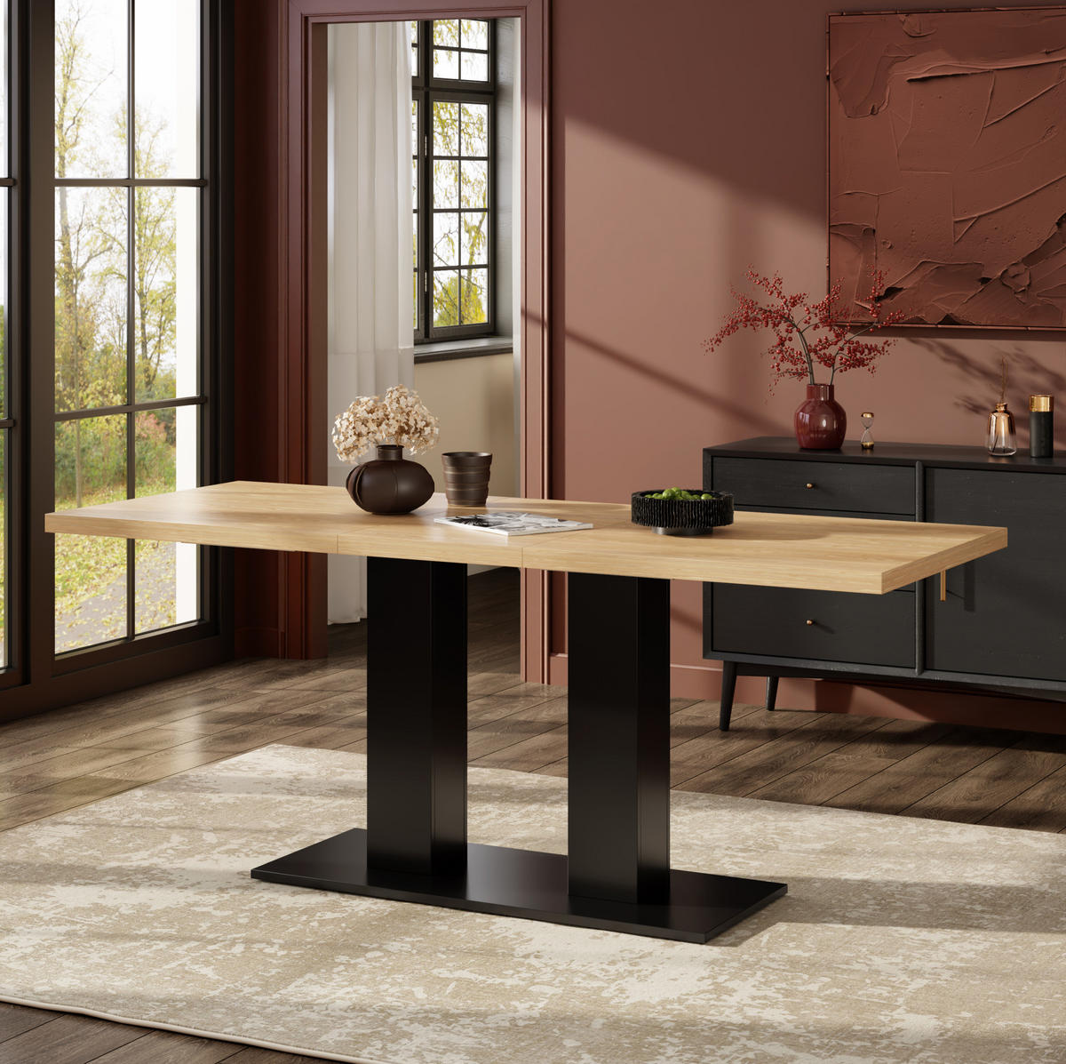 ESSTISCH 140/180/70 cm natur aus MDF mit Ausziehfunktion - Schwarz, Holzwerkstoff (180/70/75cm) - OKWISH